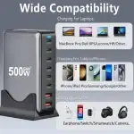 ⚡ 500W GaN 8-Port Desktop Charger - 100W USB-C PD x2 + 65W USB-C x4 + 20W USB-A x2 | Fast Charge for iPhone 16/15 Pro Max/S24 Ultra/MacBook Pro | Foldable Plug | CE/RoHS Certified - Image 2