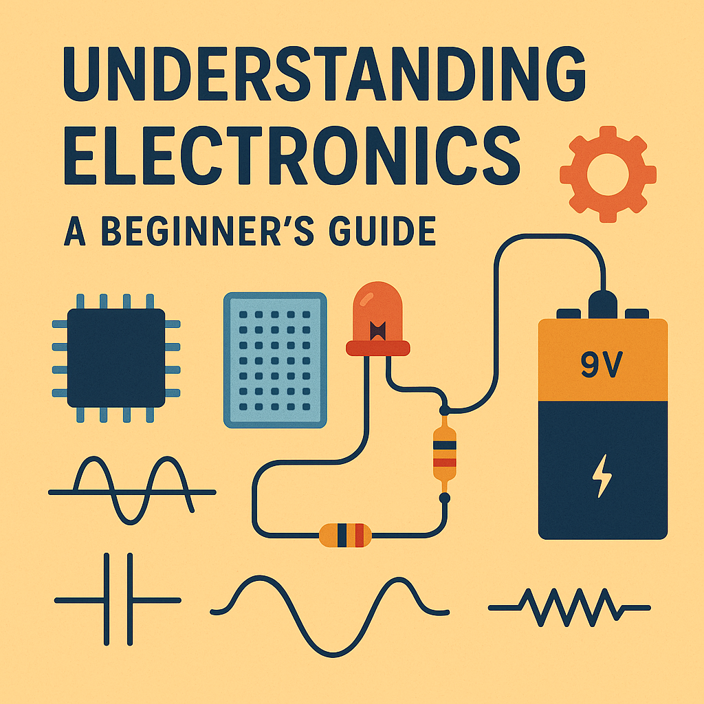 Beginner's guide to electronics showing circuits, components, and multimeters for new learners