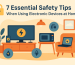 Essential electronics safety rules showing proper power strip use, battery handling, and fire prevention tips for home and workshop