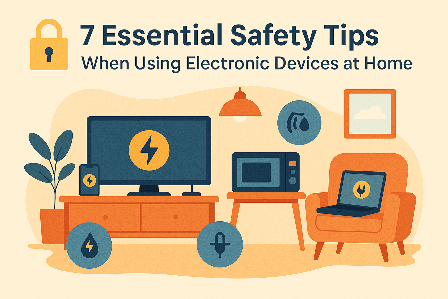 Essential electronics safety rules showing proper power strip use, battery handling, and fire prevention tips for home and workshop